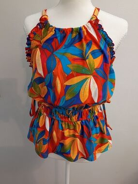S.C. Society Bright Tropical Leaf Halter Tank Top — Blue, Orange, Green